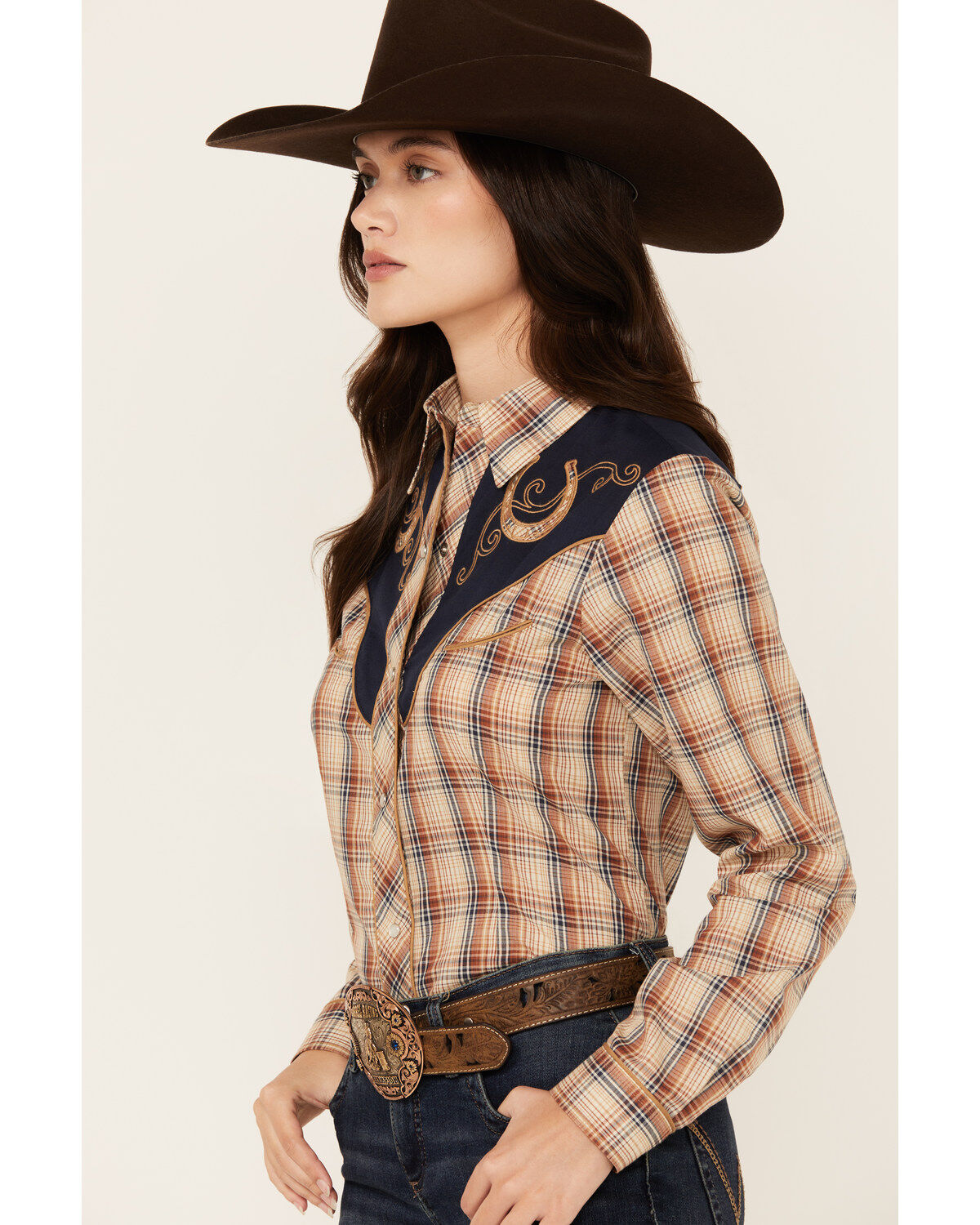 Roper Women's Embroidered Yoke Plaid Print Long Sleeve Snap Western Shirt