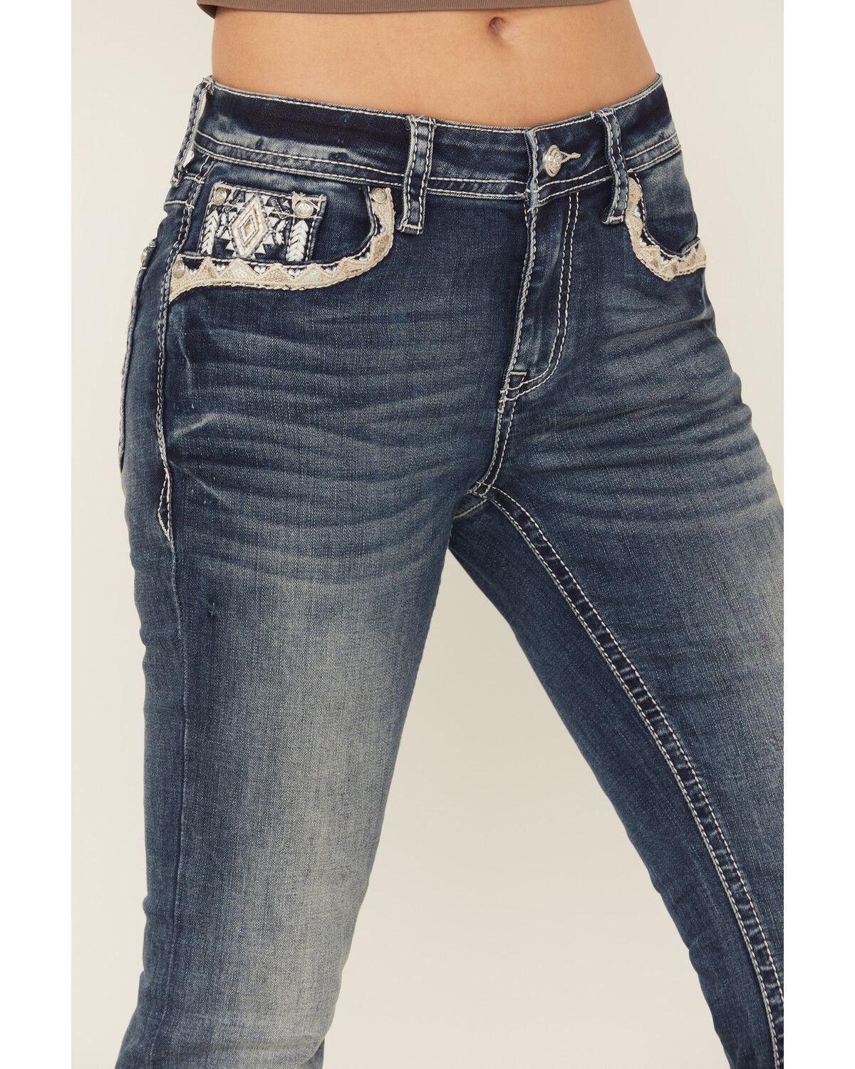 Grace in LA Women's Medium Wash Diamond Embroidered Mid Rise Bootcut Stretch Denim Jeans