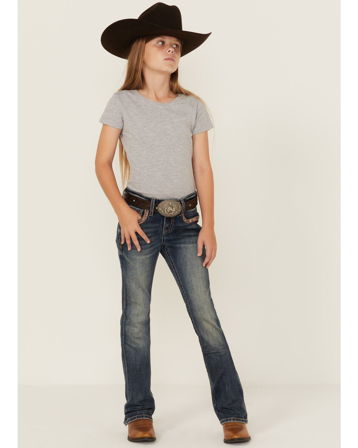 Grace In LA Girls' Cowhide Horseshoe Bootcut Stretch Denim Jeans