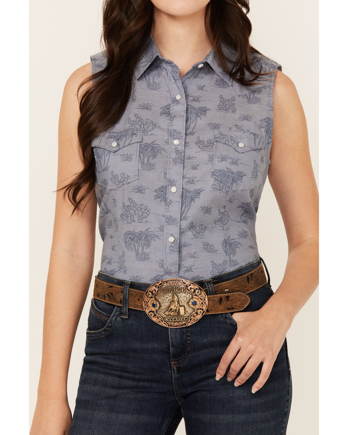 Rough Stock by Panhandle Women's Palm Tree Sleeveless Pearl Snap Western Shirt