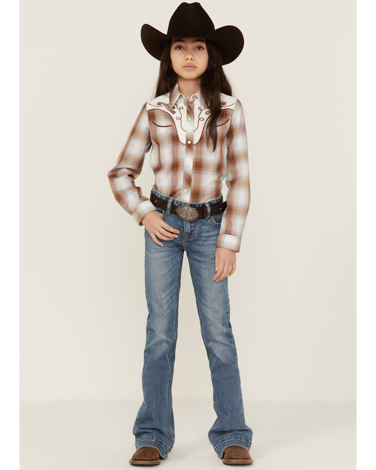 Roper Girls' Plaid Print Embroidered Long Sleeve Western Pearl Snap Shirt