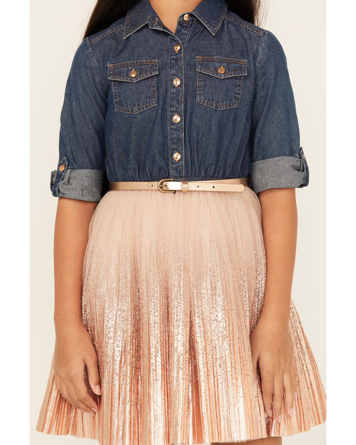 Sugar California Girls' Metallic Denim Quarter Sleeve Dress