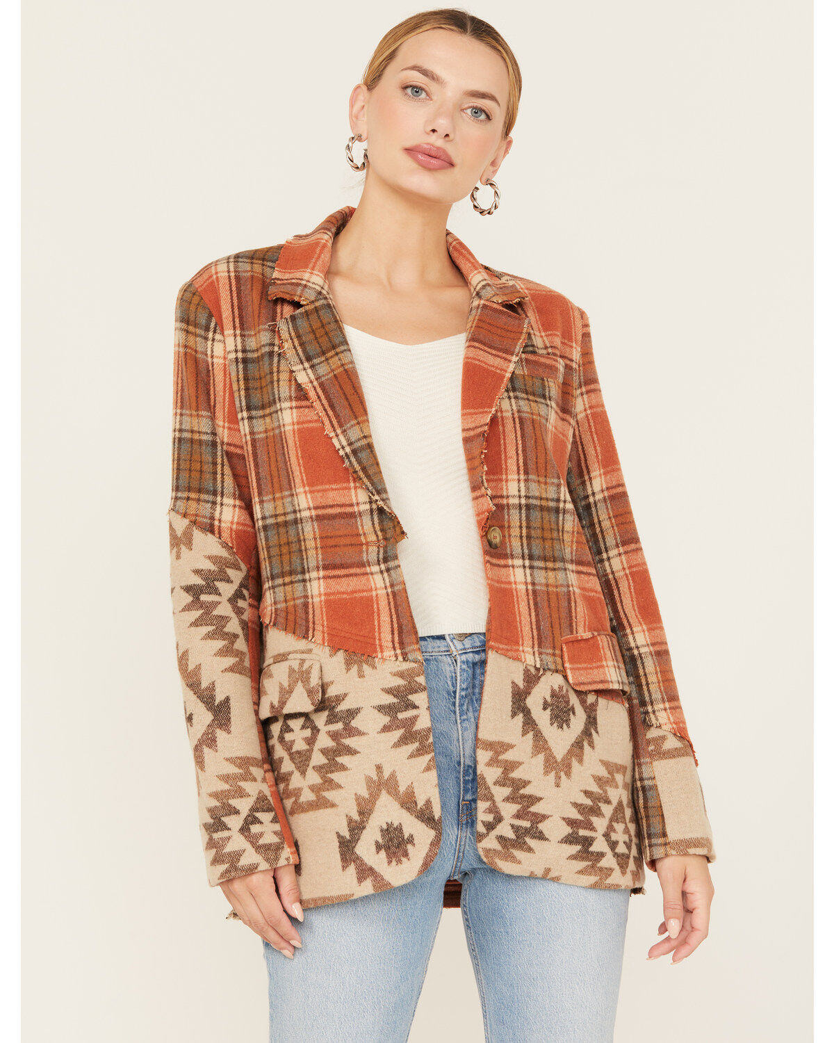 Miss Me Women's Plaid Southwestern Print Blazer