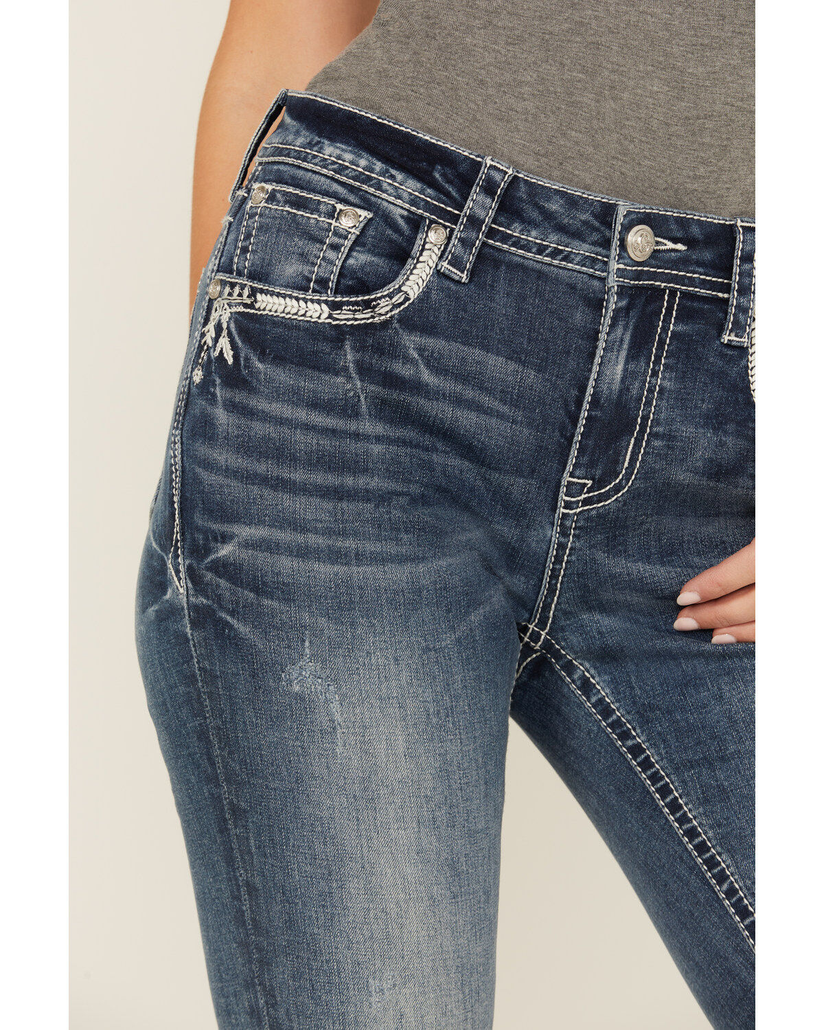 Grace in LA Women's Medium Wash Mid Rise Feather Pocket Bootcut Stretch Denim Jeans
