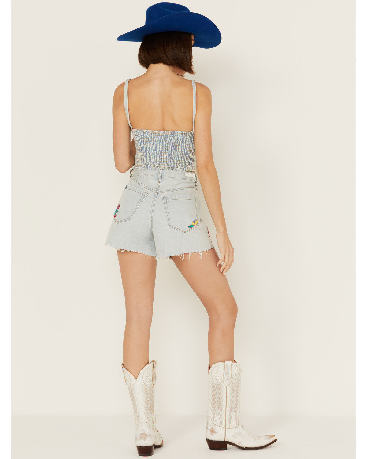 Blank NYC Women's Light Wash High Rise Floral Embroidered Denim Shorts