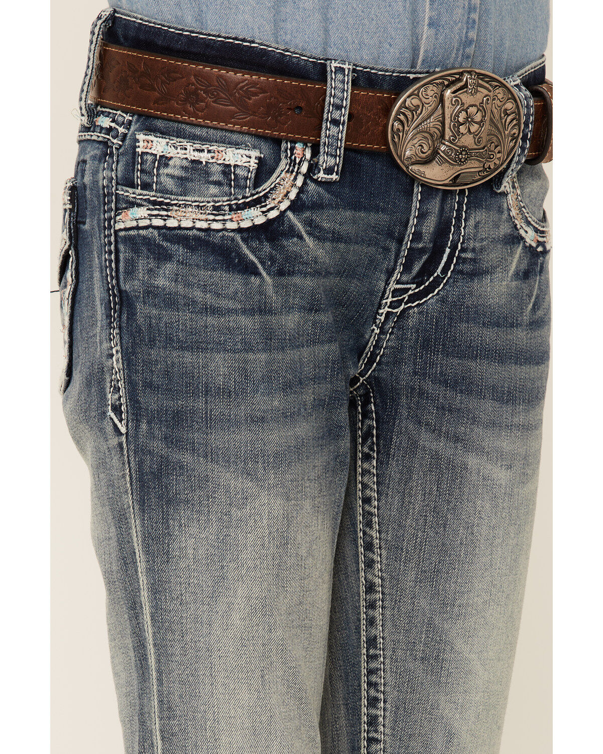 Grace In LA Girls' Medium Wash Border Pocket Bootcut Jeans