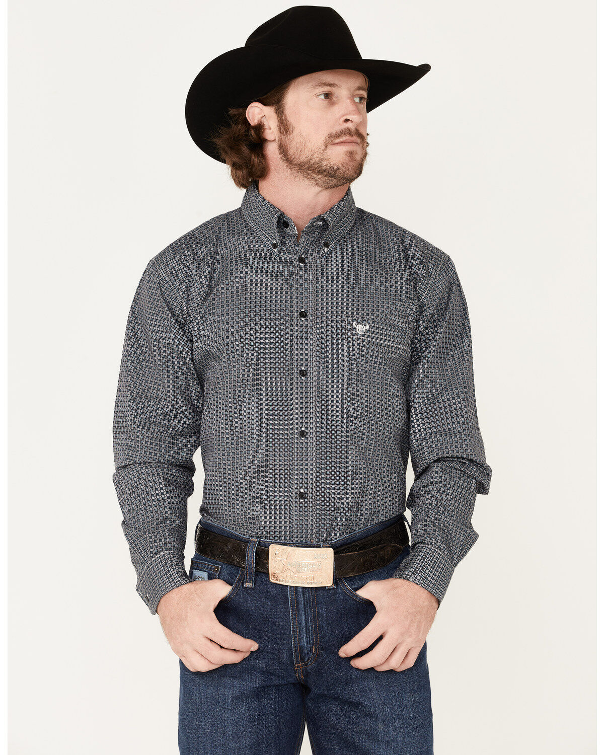 Cowboy Hardware Men's Wavy Square Geo Print Button Down Western Shirt