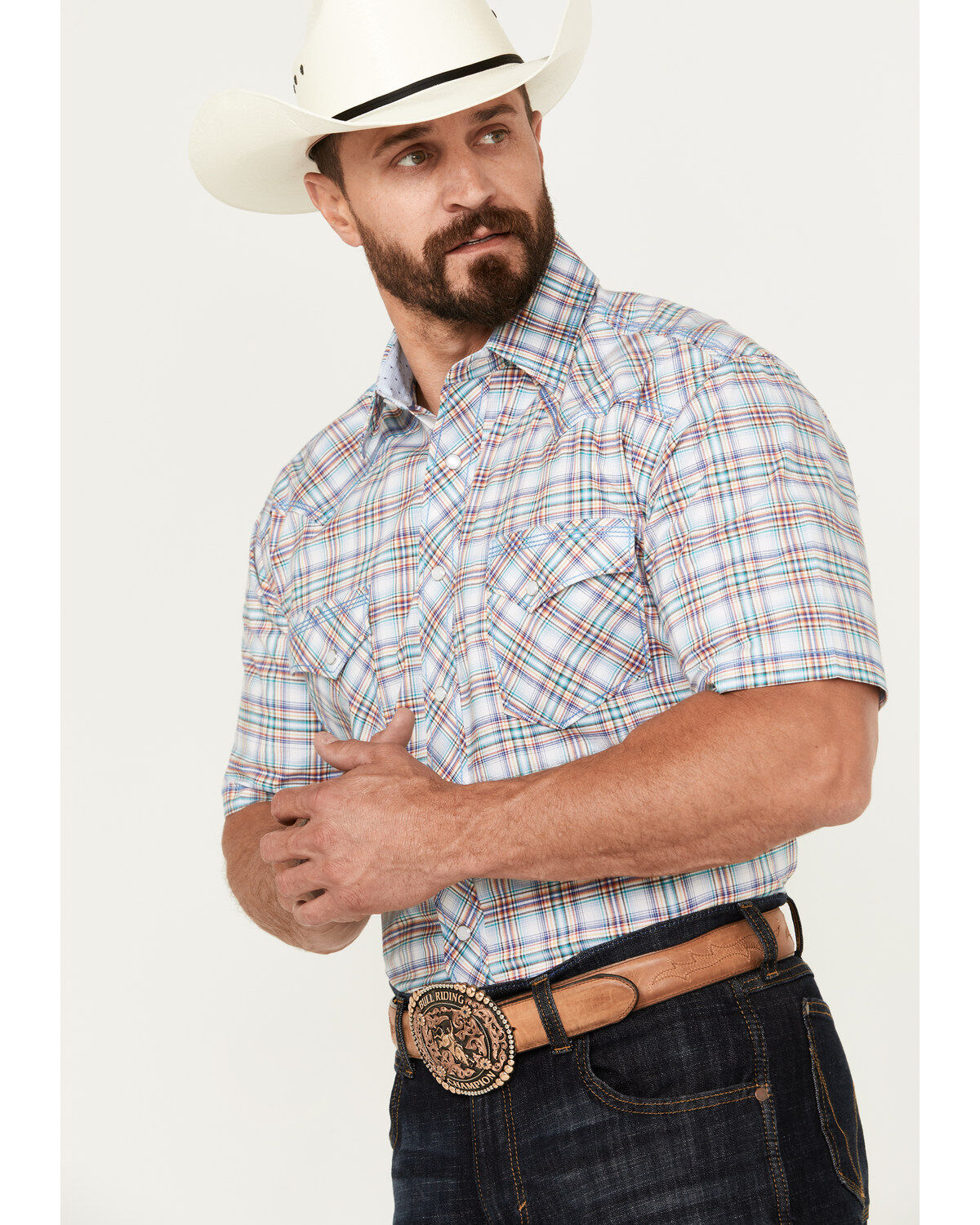 Rough Stock by Panhandle Men's Plaid Print Short Sleeve Pearl Snap Western Shirt