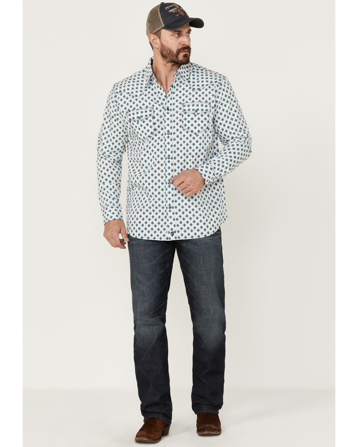 Moonshine Spirit Men's Southwestern Geo Print Long Sleeve Snap Western Shirt