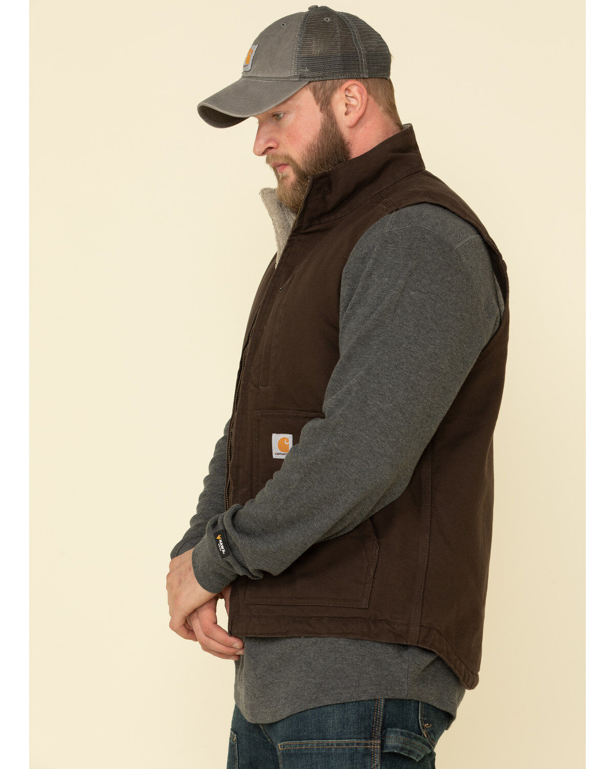 Carhartt Men's Dark Brown Washed Duck Sherpa Lined Mock Neck Work Vest - Tall