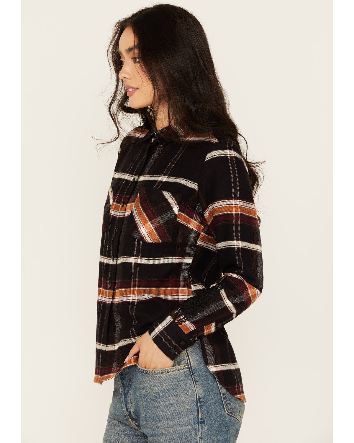 Shyanne Women's Lace Applique Plaid Print Button-Down Flannel Shirt