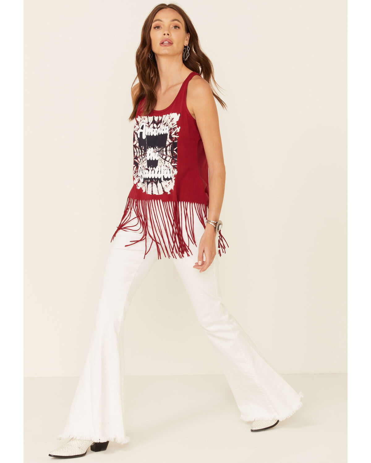 Shyanne Women's America The Beautiful Graphic Fringe Tank Top