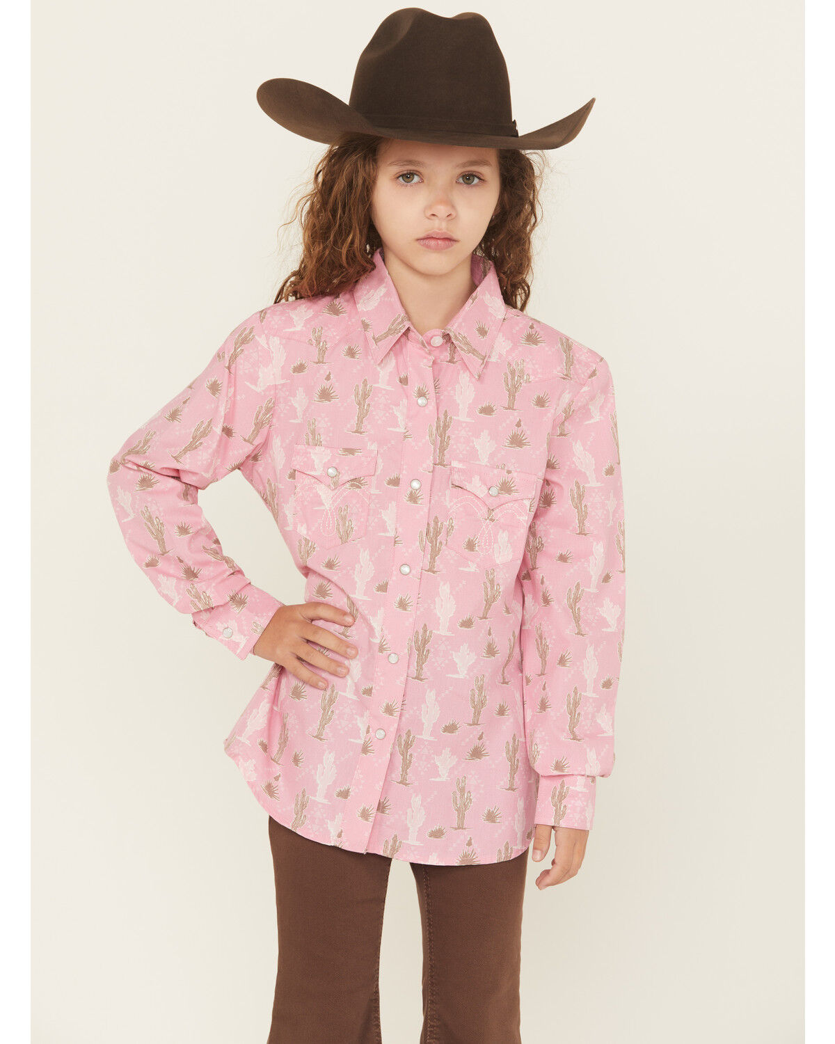Panhandle Girls Cactus Print Long Sleeve Snap Western Shirt
