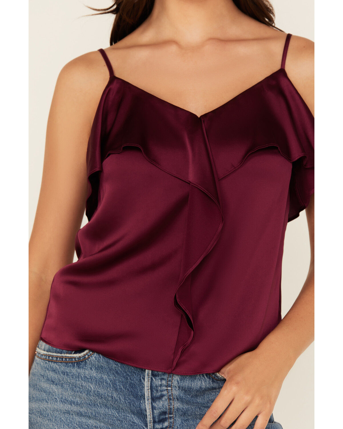 Shyanne Women's Solid Satin Ruffle Front Tank Top