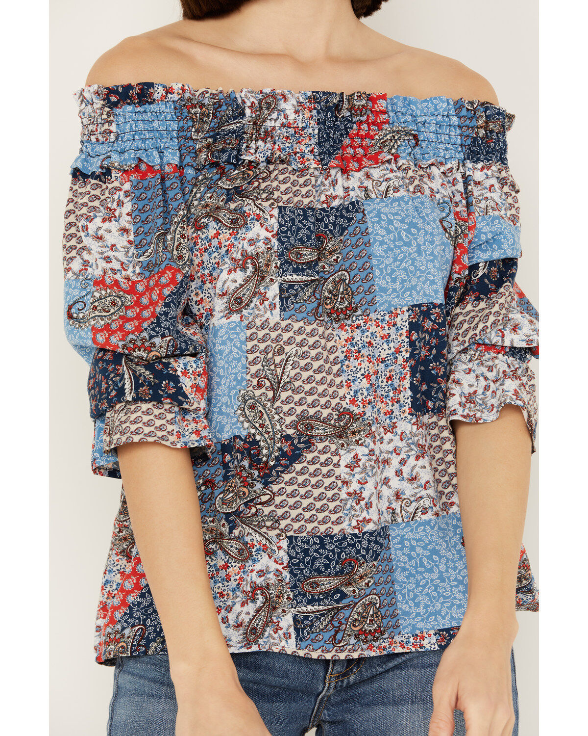 Wild Moss Women's Patchwork Print Off The Shoulder Top