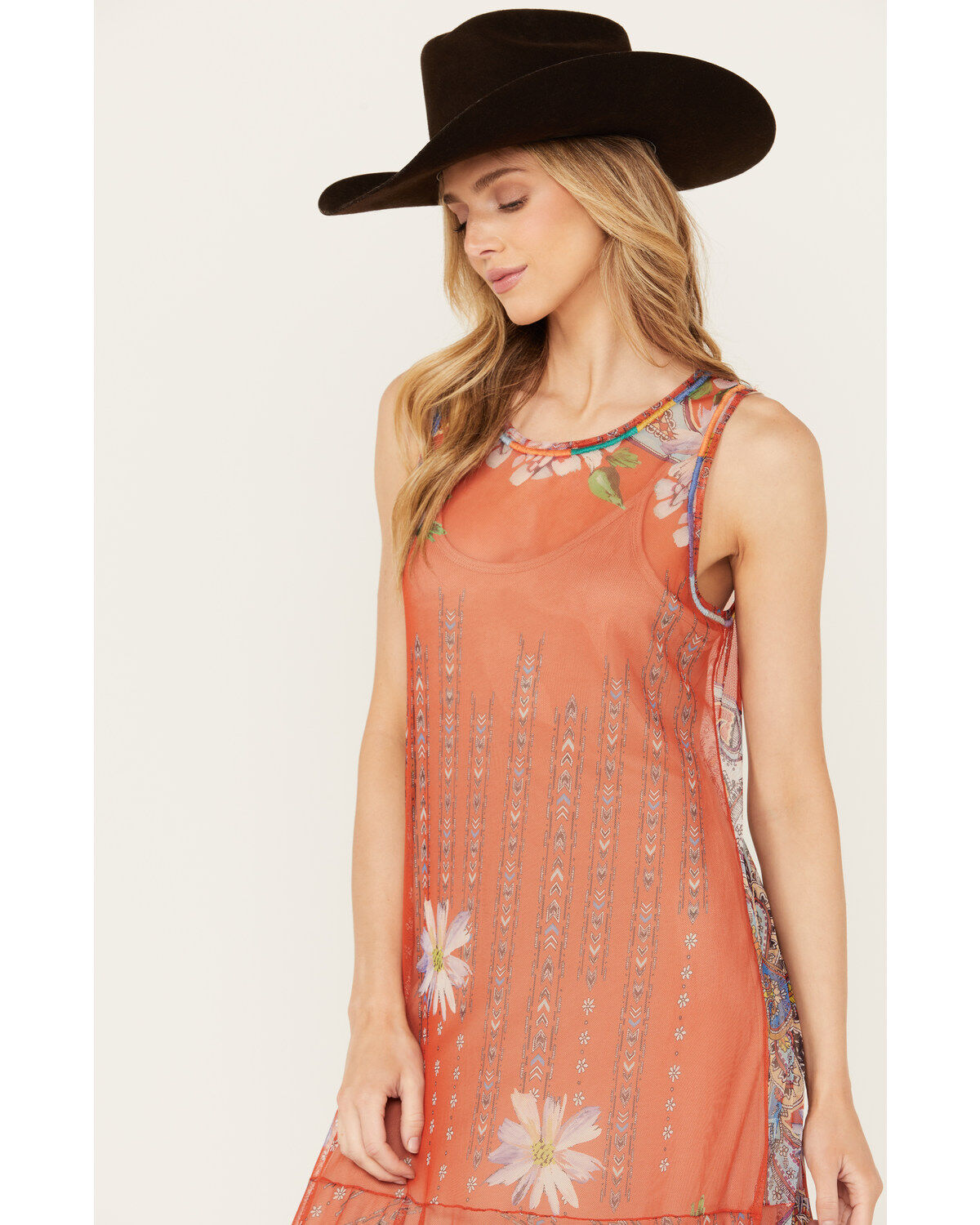 Johnny Was Women's Paisley Print Mesh Slip Maxi Dress