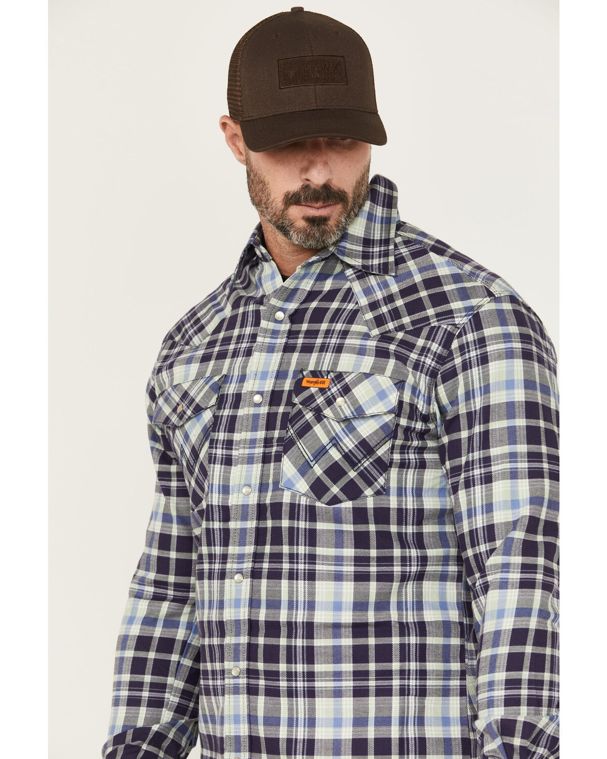 Wrangler Men's FR Plaid Print Long Sleeve Snap Work Shirt