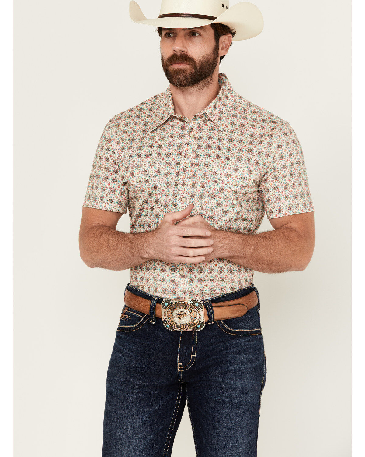 Rock & Roll Denim Men's Medallion Print Short Sleeve Snap Stretch Western Shirt