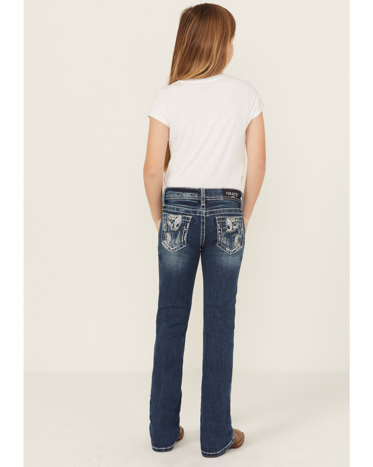 Grace In LA Girls' Paisley Embroidered Medium Wash Bootcut Stretch Denim Jeans