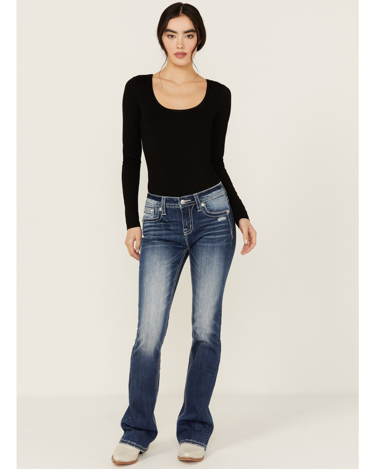 Miss Me Women's Medium Wash Dream Catcher Pocket Mid Rise Bootcut Stretch Denim Jeans