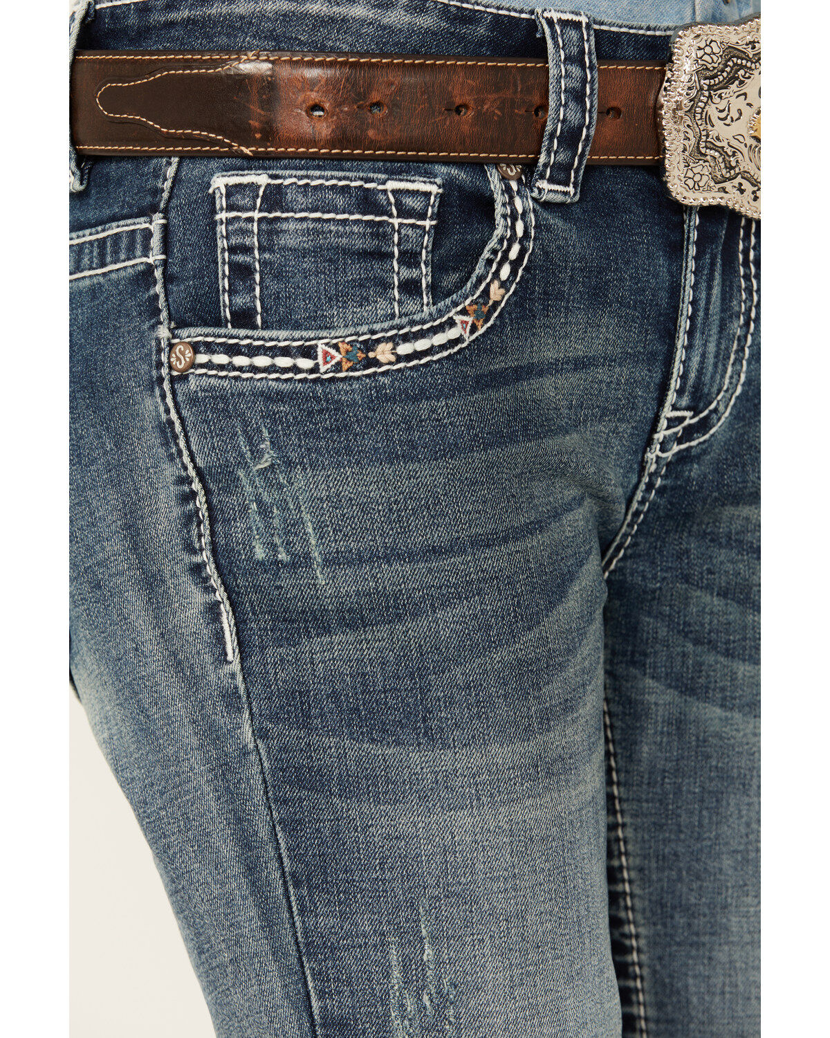 Shyanne Girls' Cowhide Steer Head Light Wash Faded Stretch Bootcut Jeans