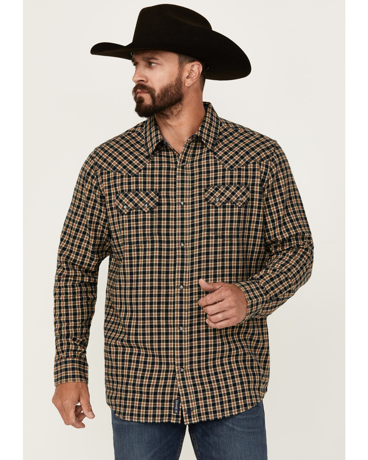 Moonshine Spirit Men's Bar Table Plaid Print Long Sleeve Snap Western Shirt