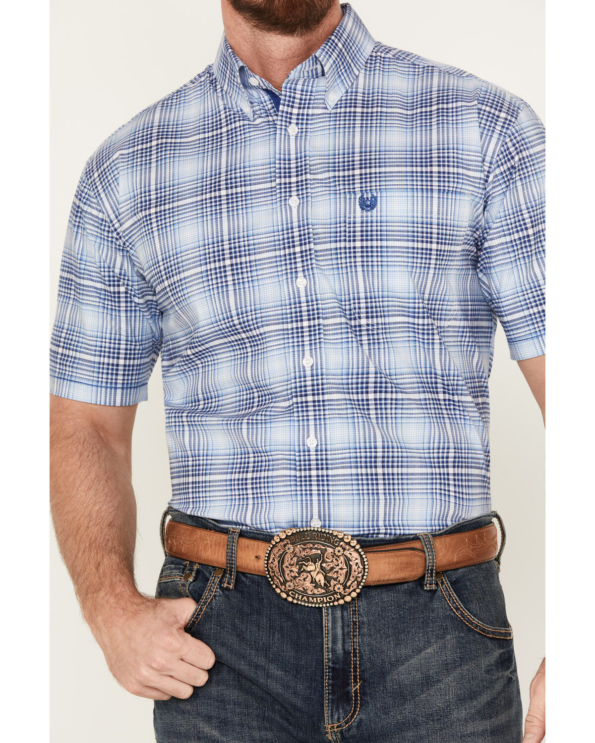 Rough Stock by Panhandle Men's Ombre Plaid Print Short Sleeve Button-Down Western Shirt