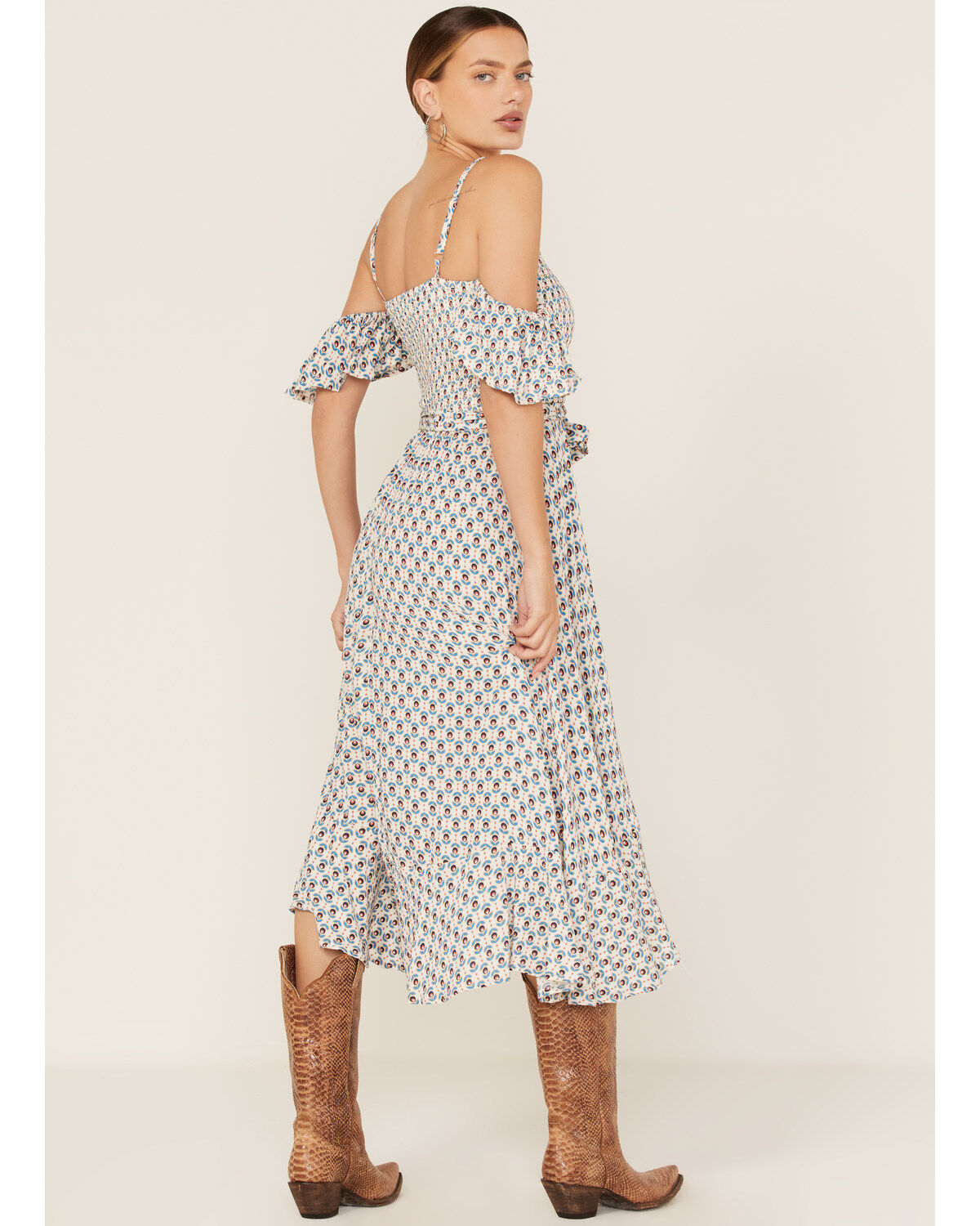 Band of the Free Women's Prism Geo Print Off Shoulder Smocked Wrap Midi Dress