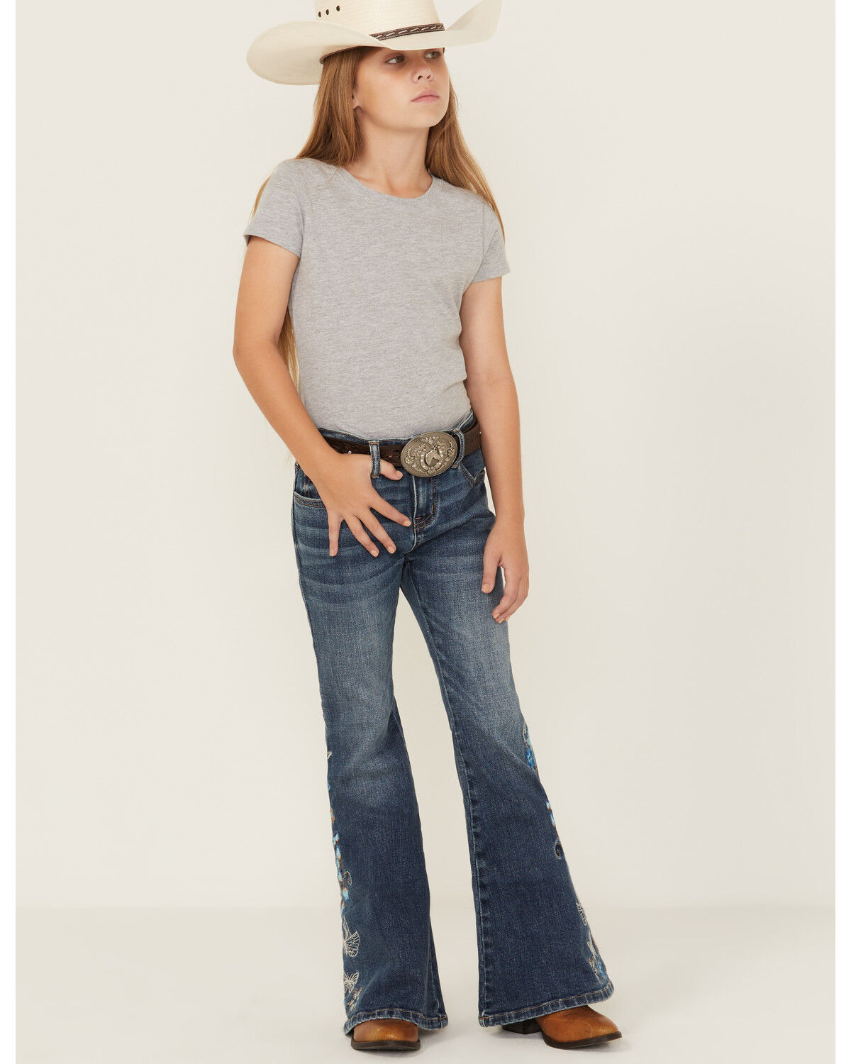 Shyanne Girls' Althea Floral Embroidered Flare Stretch Denim Jeans