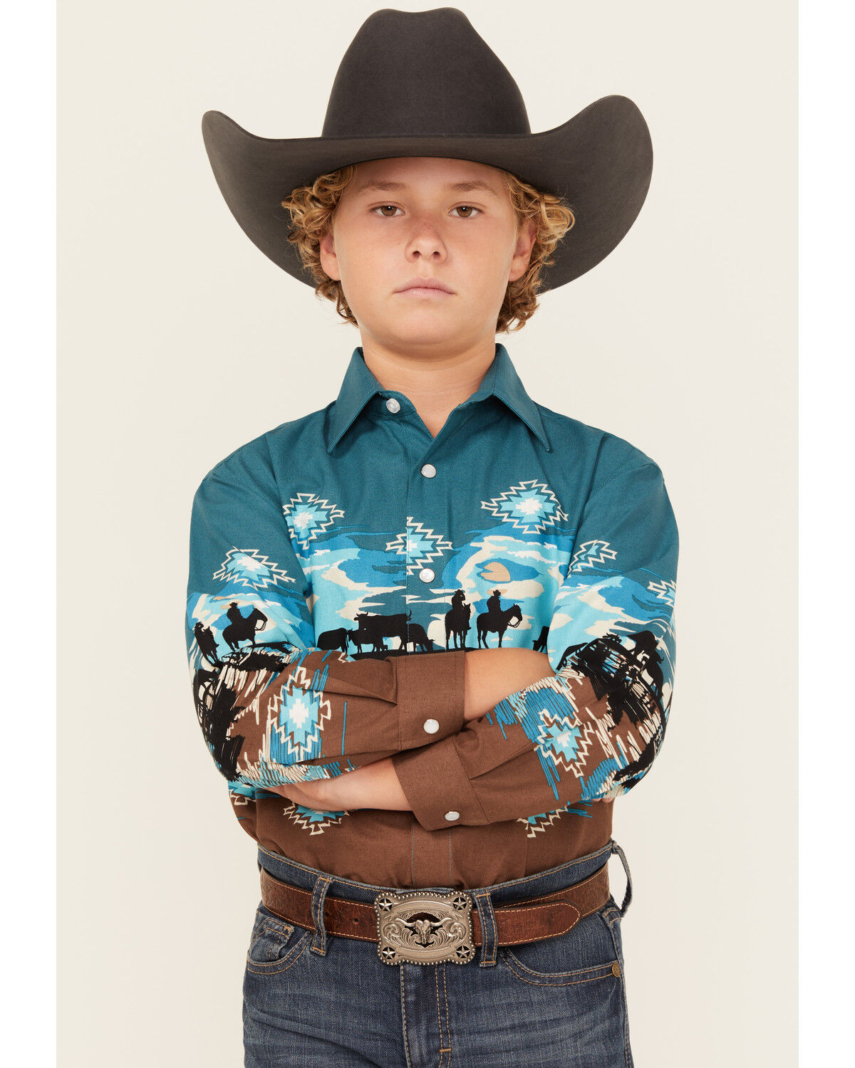 Panhandle Boys' Cowboy Border Print Long Sleeve Snap Western Shirt