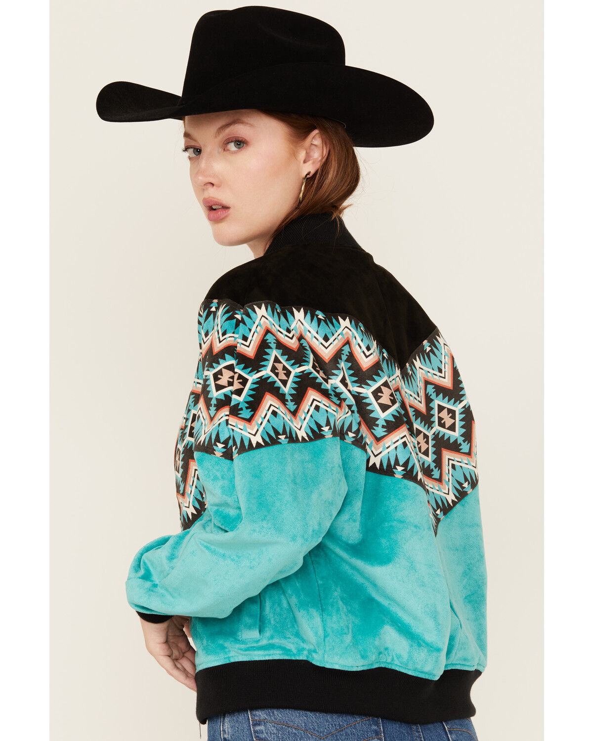 Rock & Roll Denim Women's Southwestern Print Faux Suede Bomber Jacket