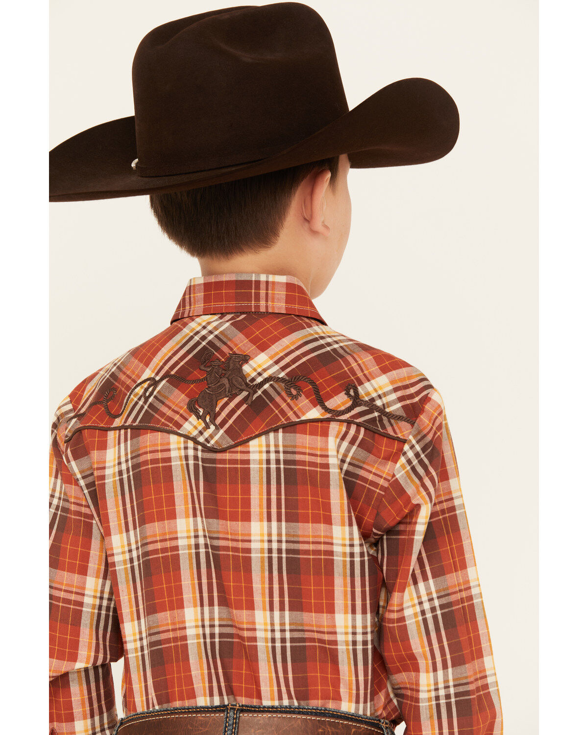 Roper Boys' Plaid Print Cowboy Embroidery Long Sleeve Pearl Snap Western Shirt