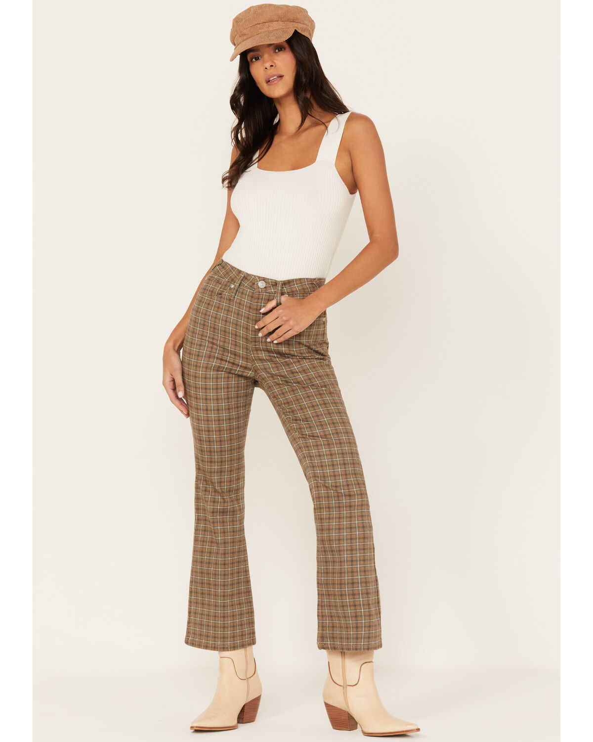 Cleo + Wolf Women's High Rise Plaid Print Flare Jeans