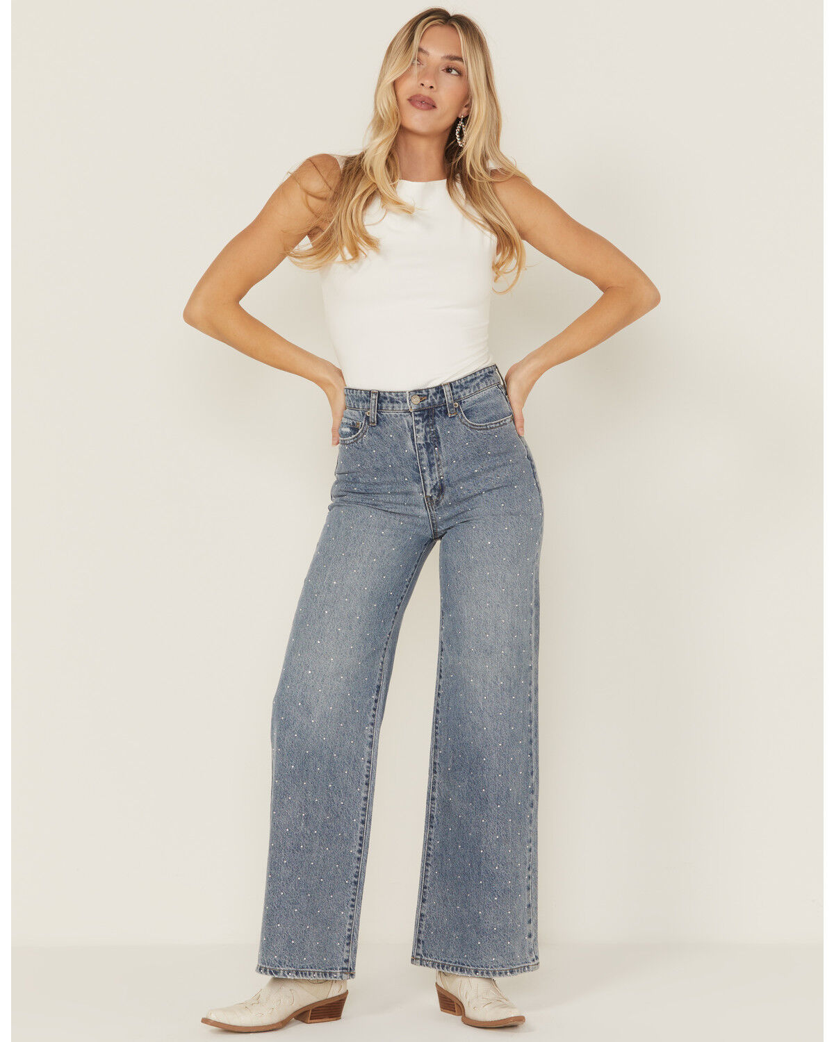 Daze Women's Far Out Medium Wash High Rise Studded Wide Leg Denim Jeans