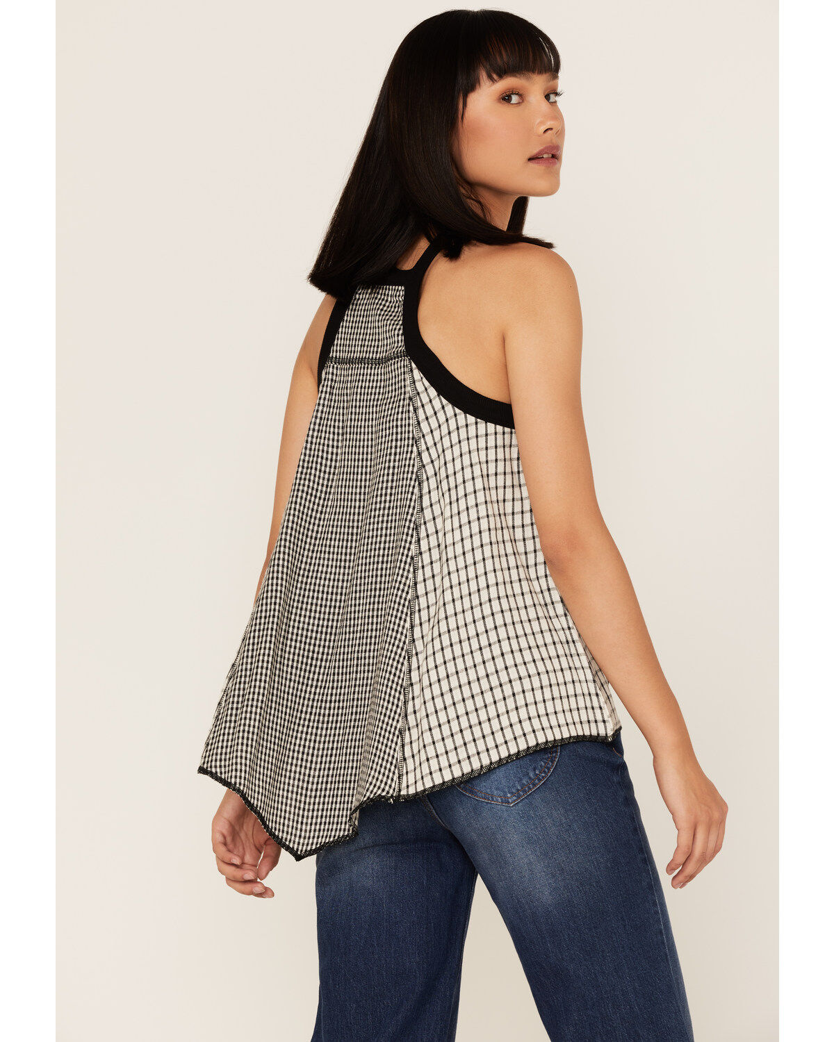 Cleo + Wolf Women's Grid Print Hanky Hem Halter Top