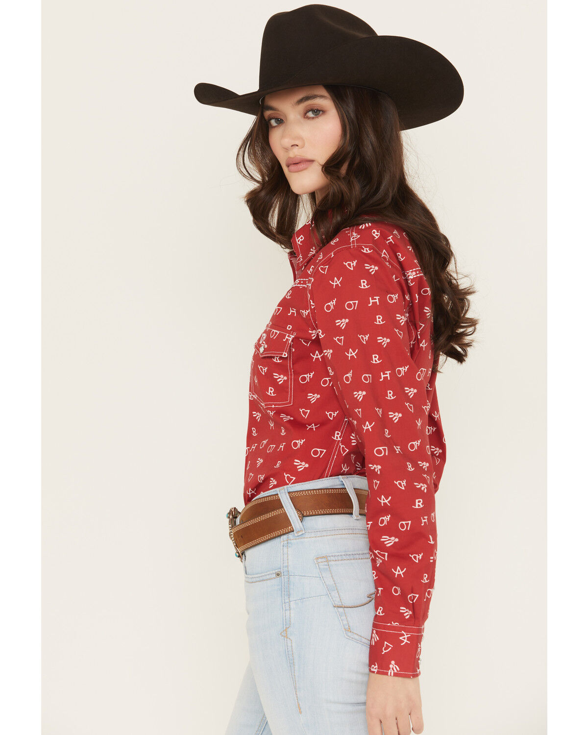 Cowgirl Hardware Women's Branding Print Long Sleeve Rhinestone Snap Stretch Western Shirt