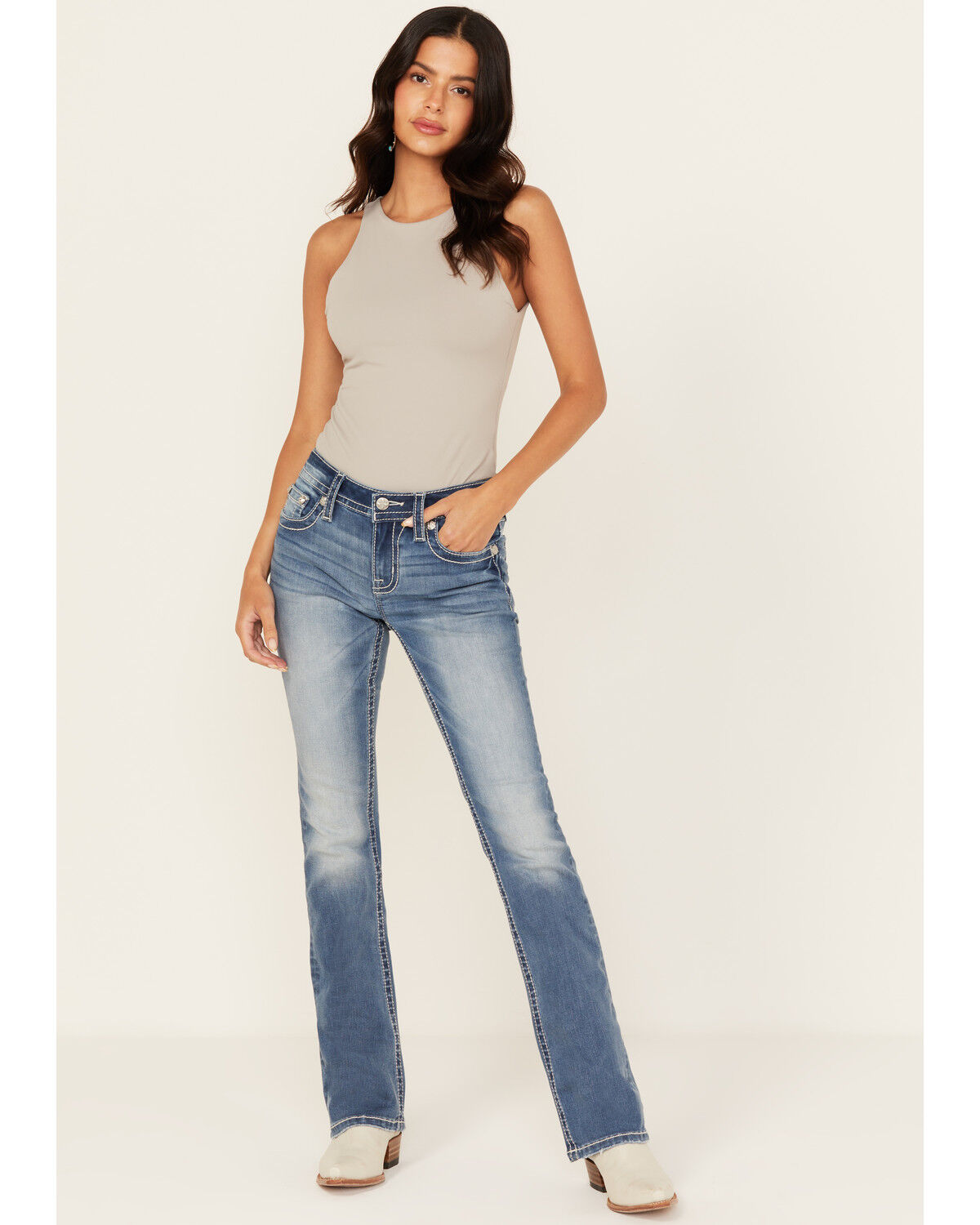 Miss Me Women's Dark Wash Mid Rise Dream Catcher Pocket Bootcut Stretch Denim Jeans