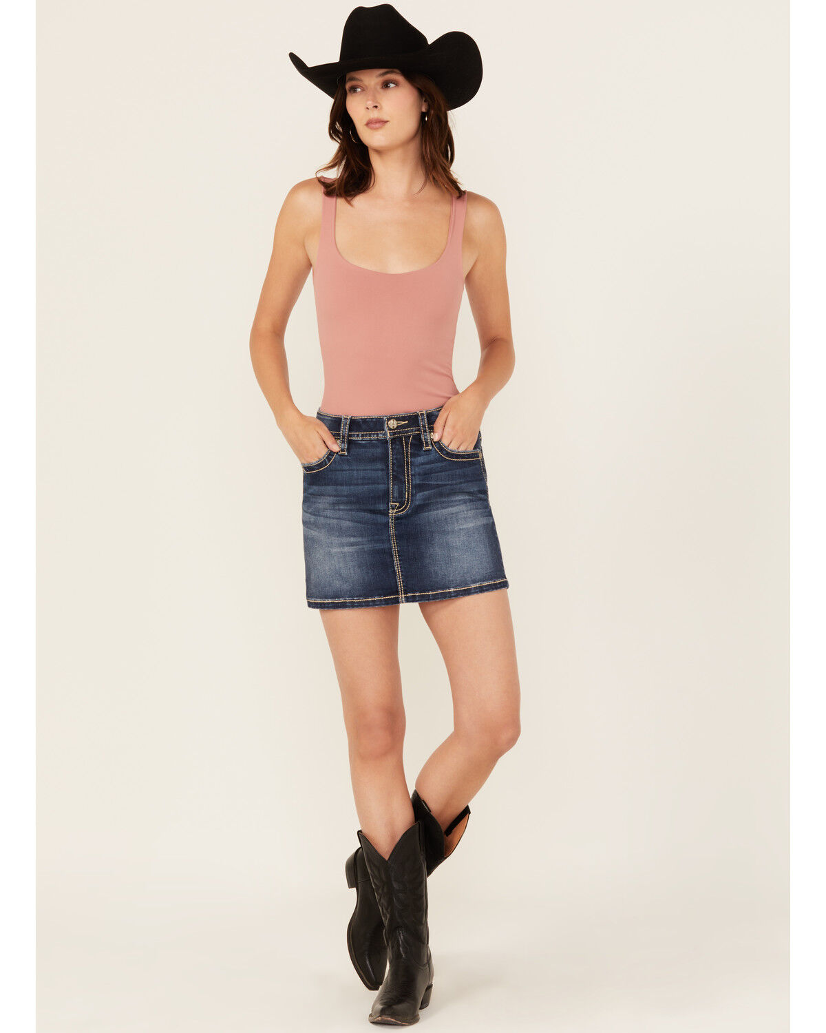 Miss Me Women's Dark Wash Embroidered Pocket Stretch Denim Mini Skirt