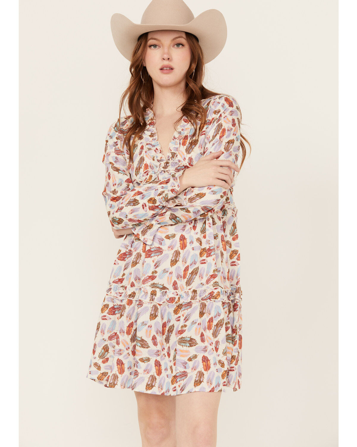 Roper Women's Feather Print Long Sleeve Mini Dress