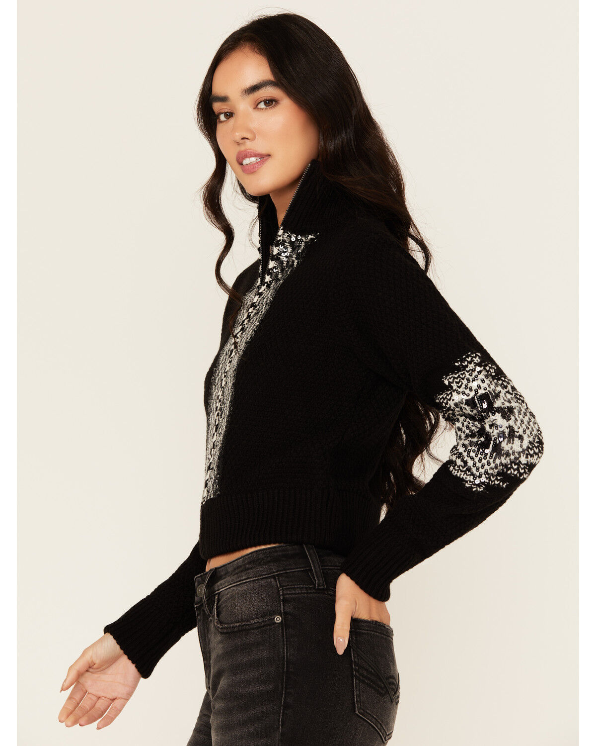 Idyllwind Women's Dallas Sequins Cropped Zip Front Sweater