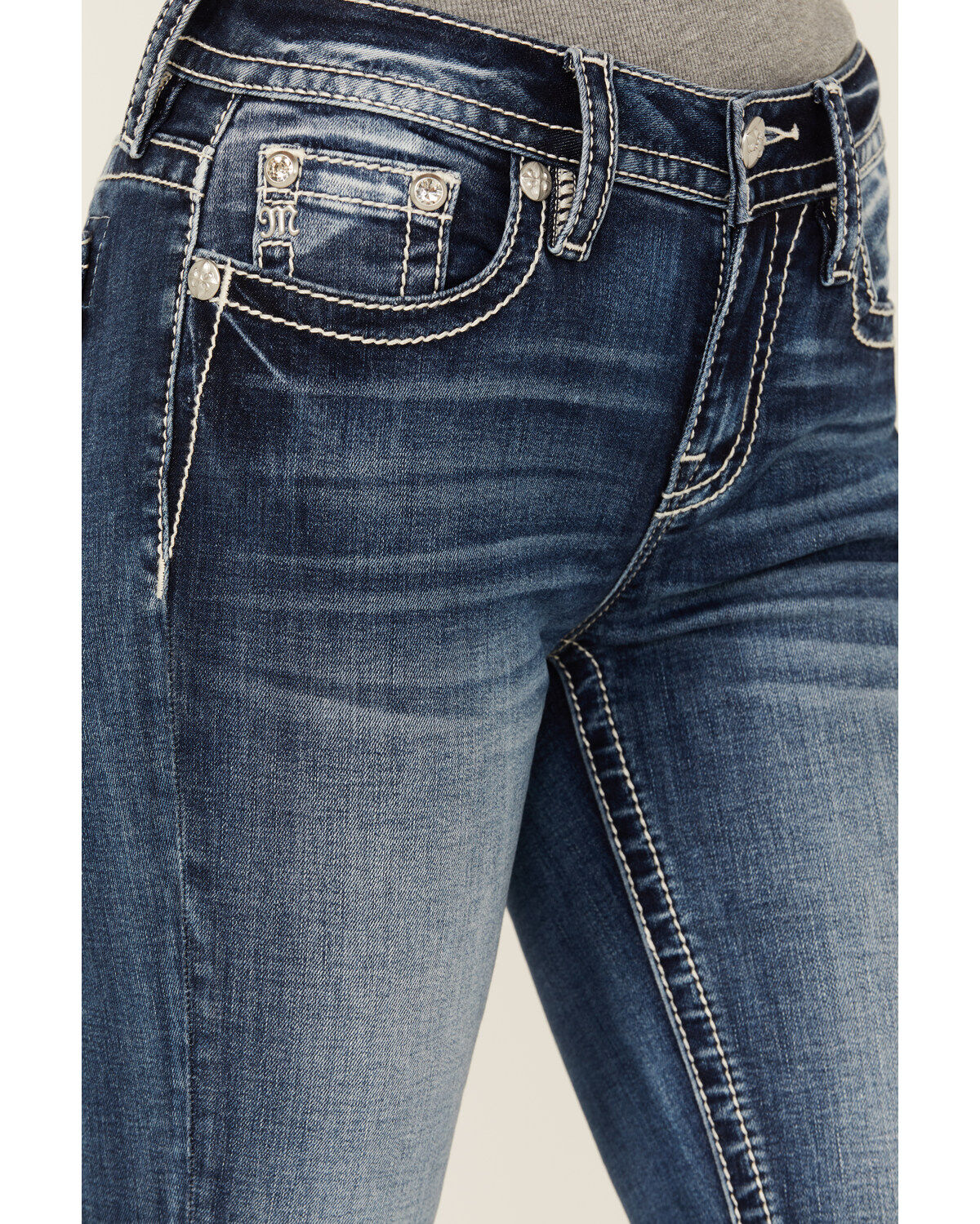 Miss Me Women's Dark Wash Mid Rise Diamond Geo Pocket Stretch Bootcut Jeans