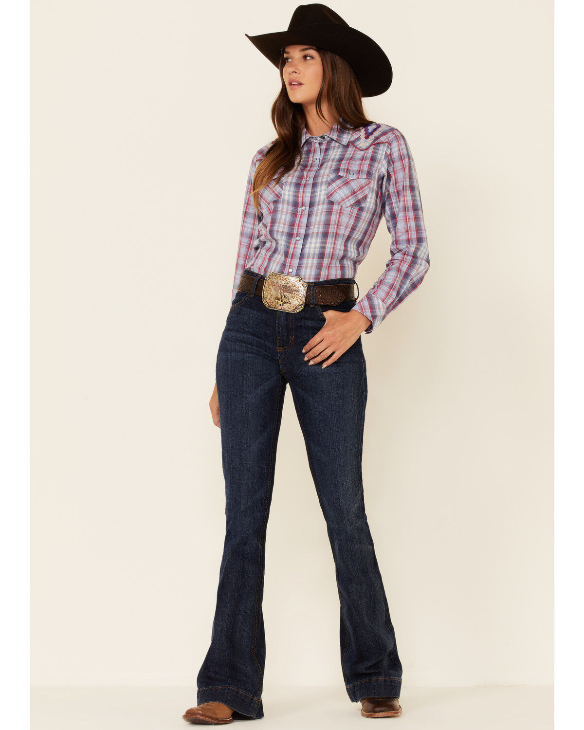 Ariat Women's Burgundy Cornflower R.E.A.L. Plaid Embroidered Southwestern Yoke Snap Western Shirt