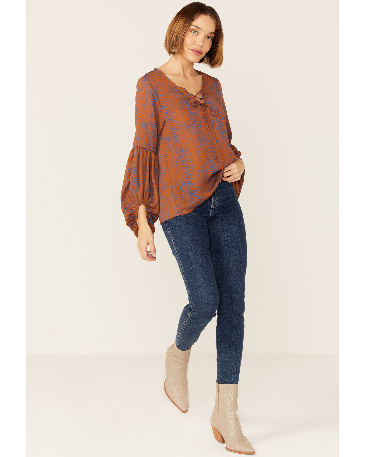Saints & Hearts Rust Snake Print Tie Front Blouse