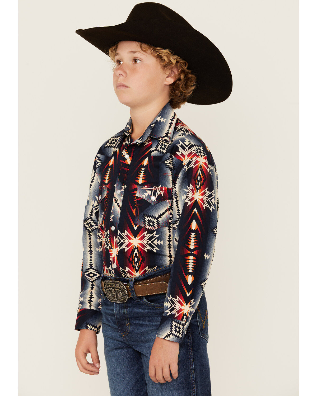 Rock & Roll Denim Boys' Southwestern Print Long Sleeve Pearl Snap Stretch Western Shirt