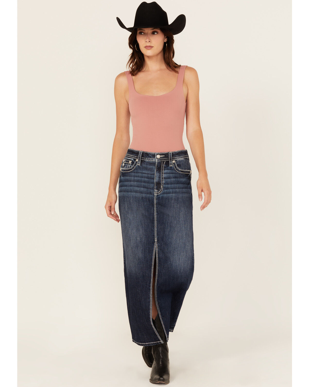 Miss Me Women's Dark Wash Embroidered Pocket Stretch Denim Maxi Skirt