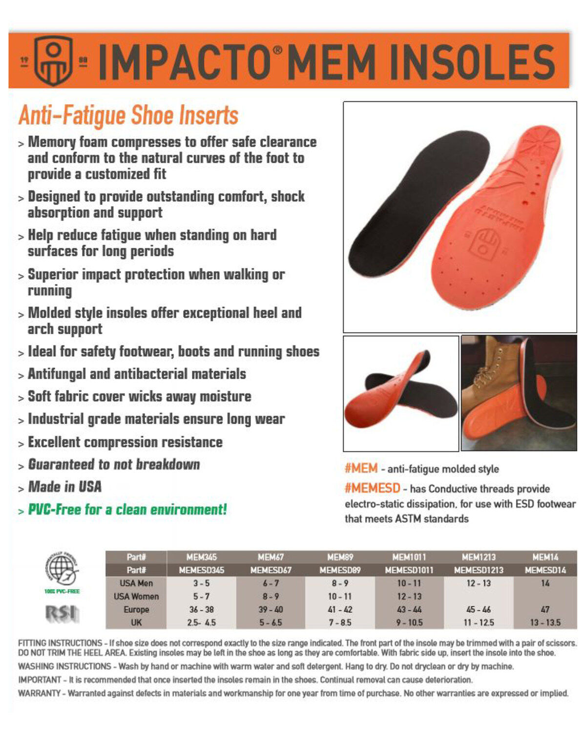 Impacto Anti-Fatigue Memory Foam Insoles - Men's Size 12-13