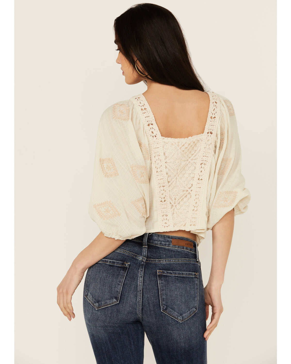 Miss Me Women's Long Sleeve Geo Crochet Top