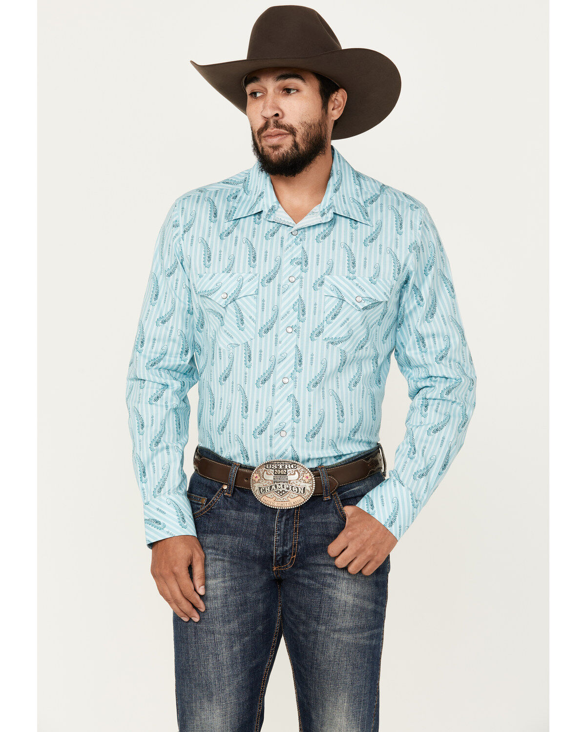Rock & Roll Denim Men's Paisley Striped Print Long Sleeve Pearl Snap Stretch Western Shirt