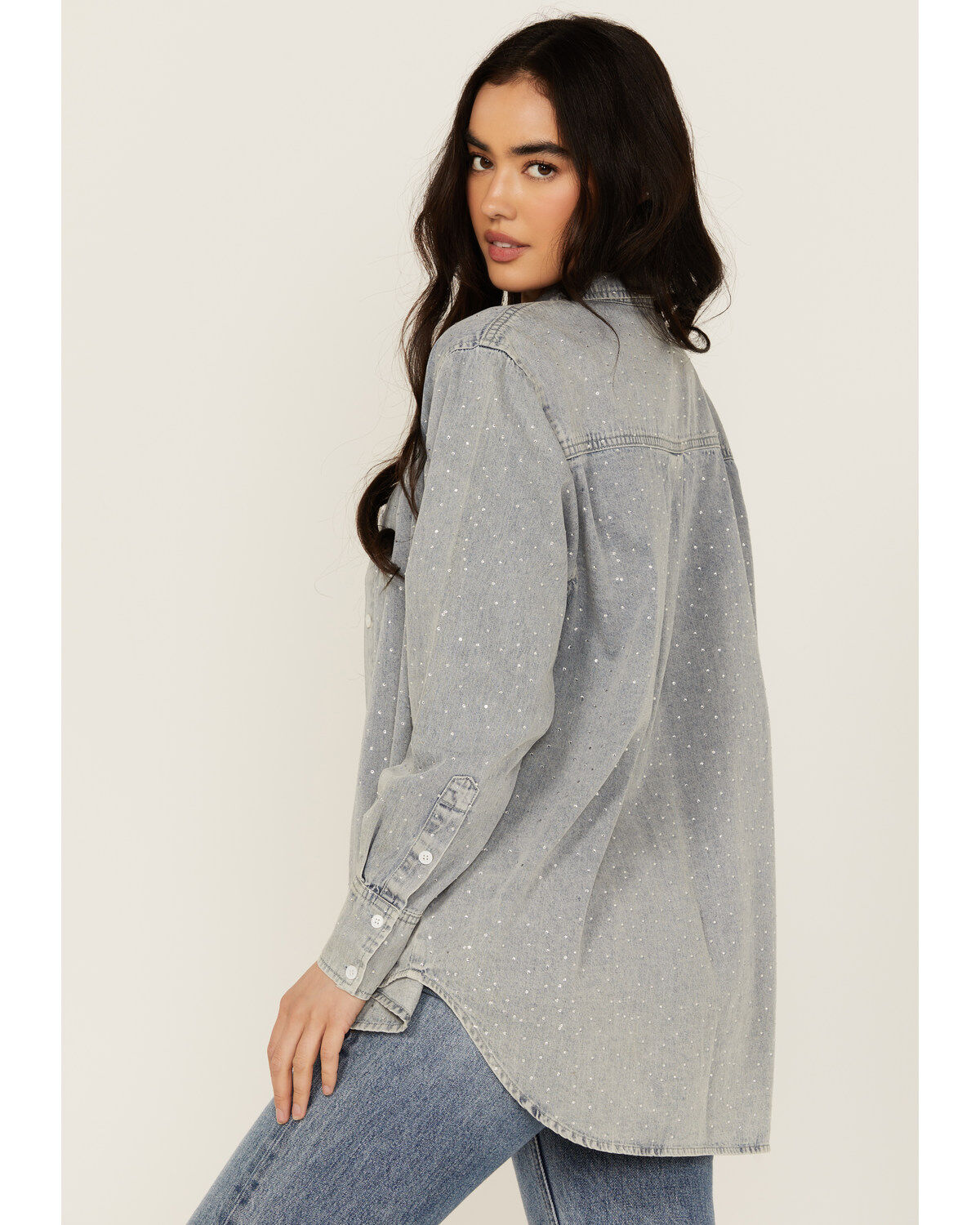 Blue B Women's Light Wash Rhinestone Long Sleeve Button-Down Denim Shirt