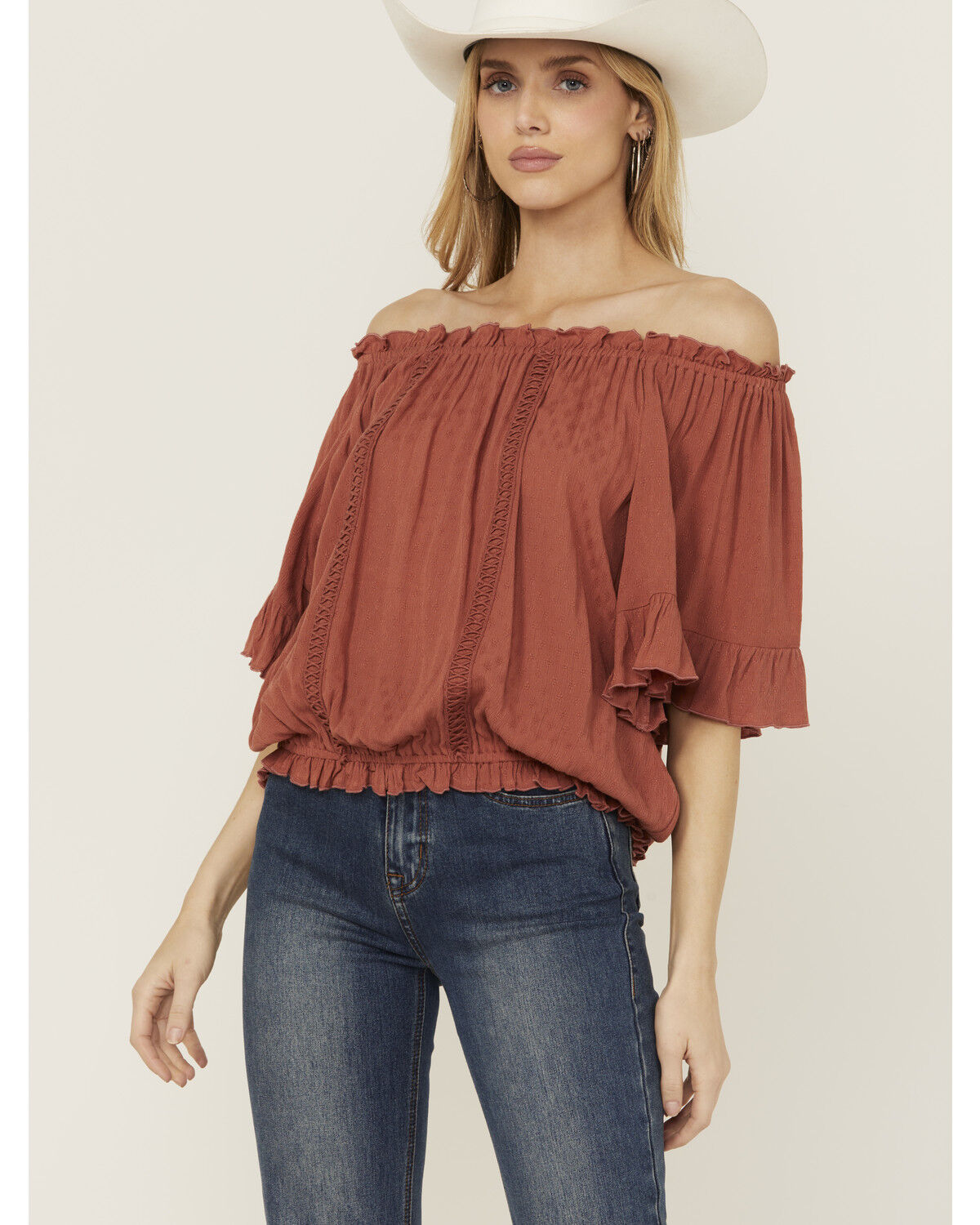 Band Of The Free Women's Solid Short Sleeve Off The Shoulder Blouse